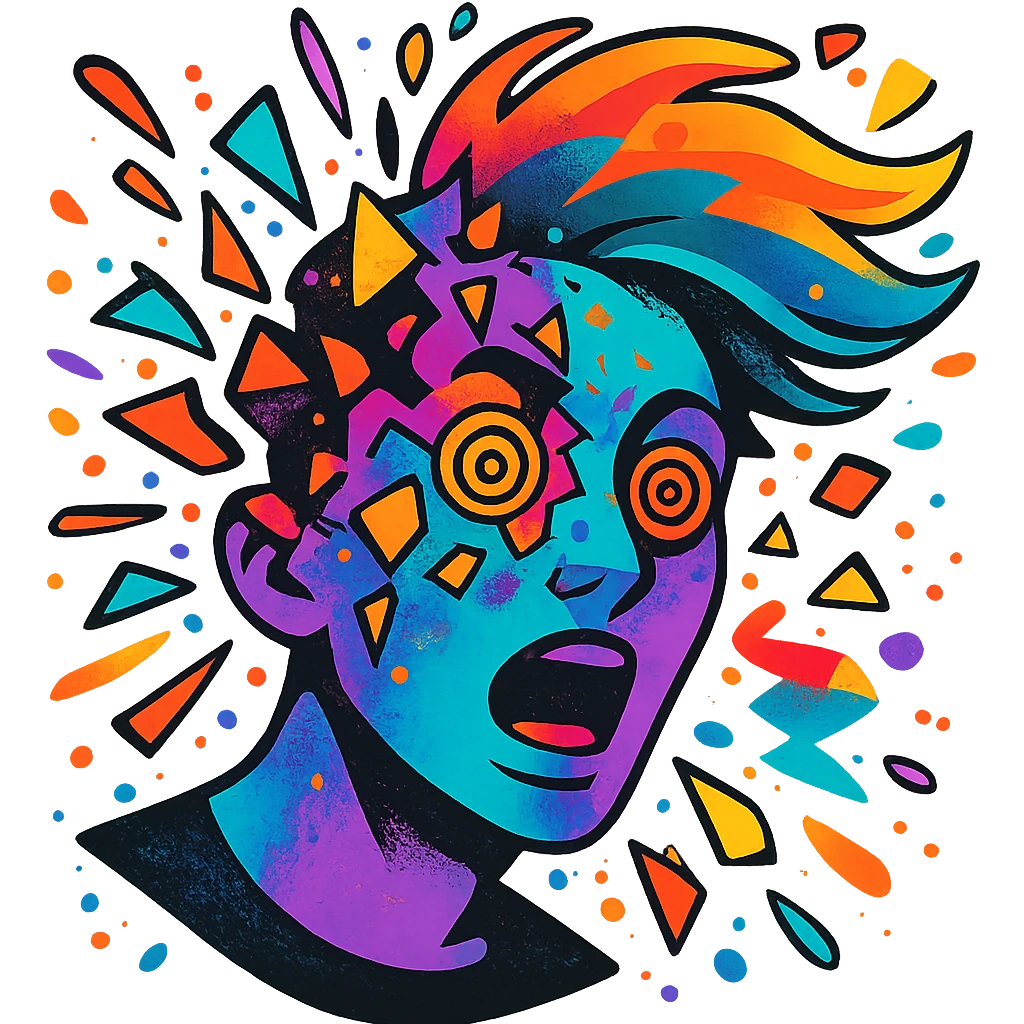 person with acid purple and turquoise neon skin, face breaking apart in colorful explosion, airbrushed, hair as flowing liquid color, spiral eyes, geometric accents, paint flecks, energetic motion emoji