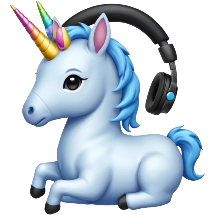 Unicornio bebé azul sentado escuchando música con auriculares negros emoji