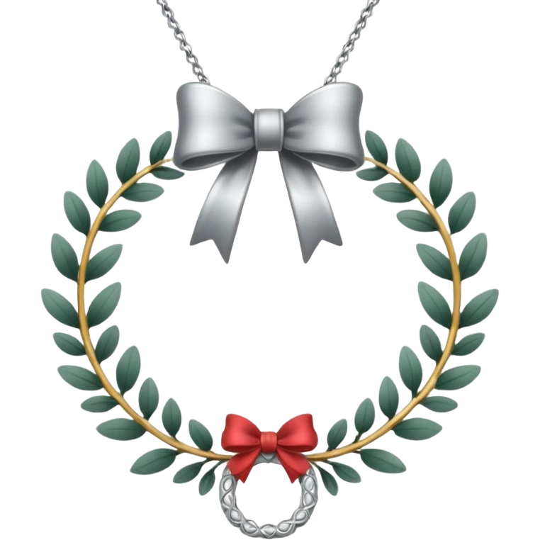 A silver necklace with a wreath shaped pendant and a bow at the top emoji