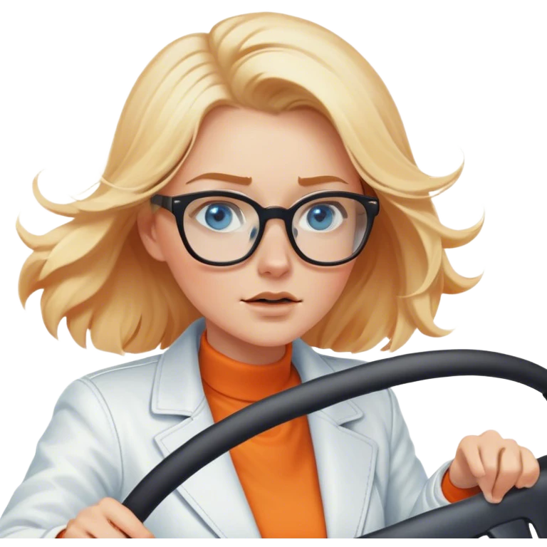 A cinematic realistic blonde with blue eyes and glasses, wearing a white jacket, is driving an orange car, her hair is slightly blowing in the wind emoji