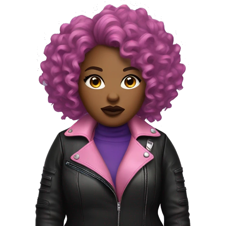Edgy Plus size black woman with very short pink curly hair and a purple leather biker jacket with makeup on face. emoji