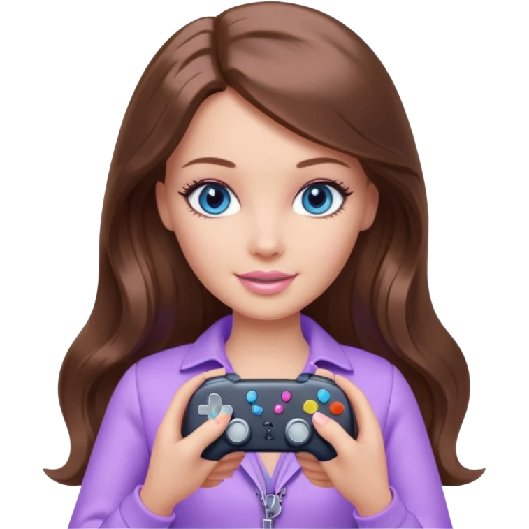 beautiful barbie girl with long brown hair, blue eyes and wearing light purple clothes playing console games with controller emoji