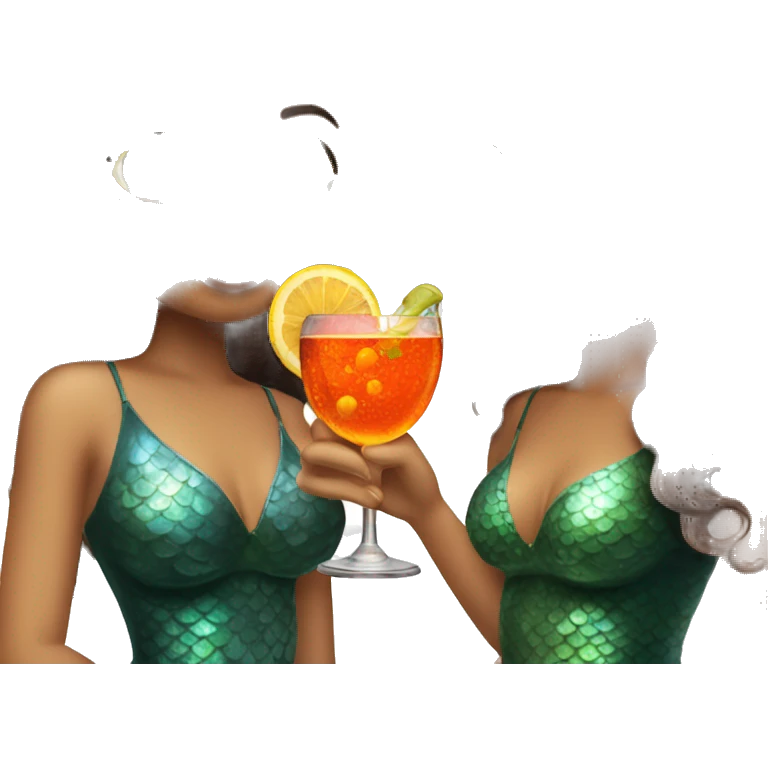 Three beautiful mermaids (light skin) drinking aperol emoji