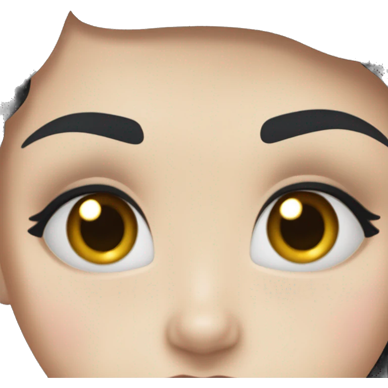 young woman with pale skin, blushed cheeks, big blue eyes, thin lips, black hair,long lashes,a bit eyeline emoji