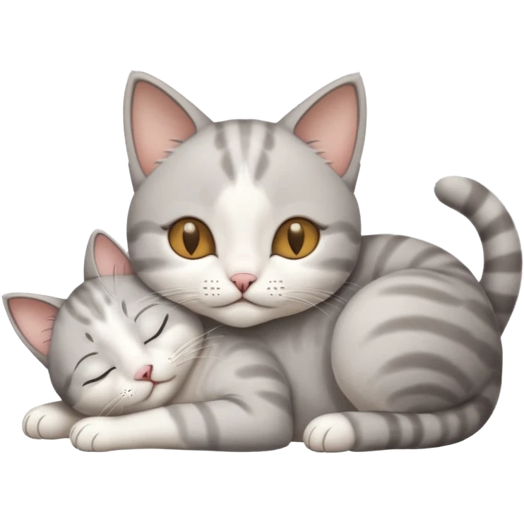 grey and white small cat with its eyes closed lying down with its paw holding up his head emoji