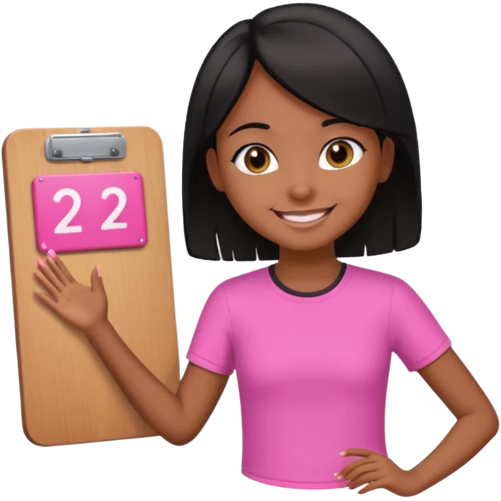 a brown skin teachers with hair that stop at elbows girl with black straight like hair wearing pink not hot pink 2 piece set teaching up on a board emoji