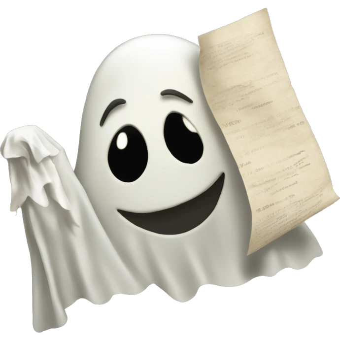 A ghost holding an old paper with subscribe button  emoji