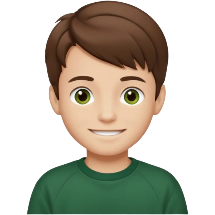a smiling boy with brown hair and white skin with dark eyes and he is wearing a dark green sweatshirt emoji