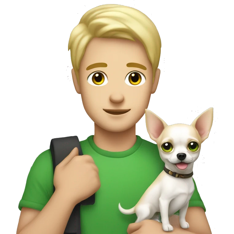 A fair-skinned guy with green eyes and blond hair with a white Chihuahua in his arms emoji