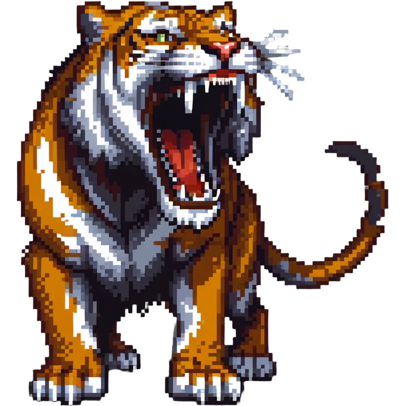 saber-toothed tiger with enormously long fangs, exaggerated canine teeth almost reaching the ground emoji