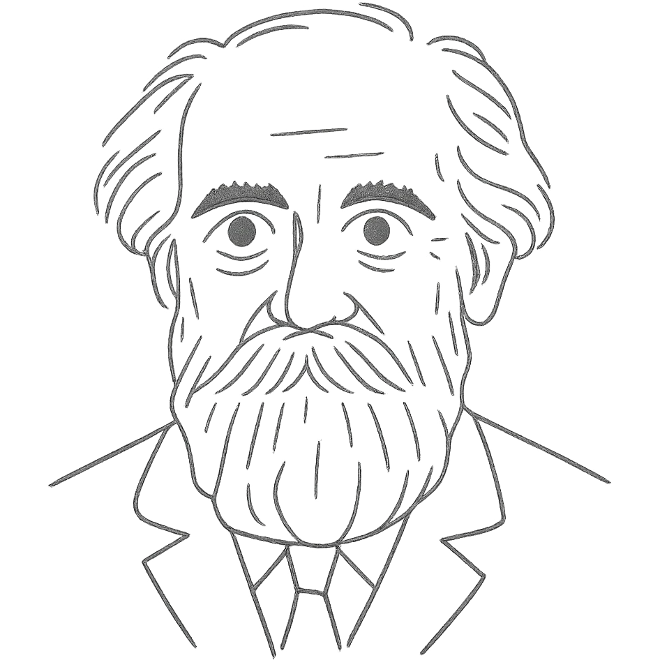 a hand drawn black outline portrait of philosopher Gaston Bachelard with similar-sized eyes based a famous portrait of him, with less messy hair emoji