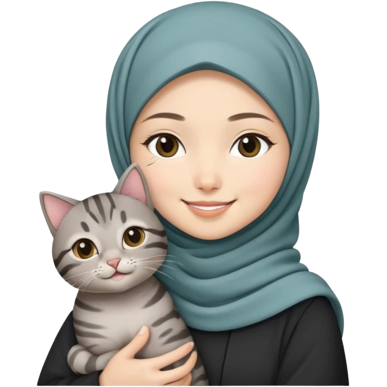 Asian white girl wearing hijab holding a black grey tabby cat while smiling emoji
