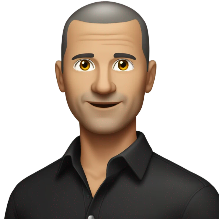 A middle-aged Italian man with olive-toned skin with buzz cut hair and no facial hair. He is wearing a sleek black smart shirt, casually unbuttoned at the top. emoji