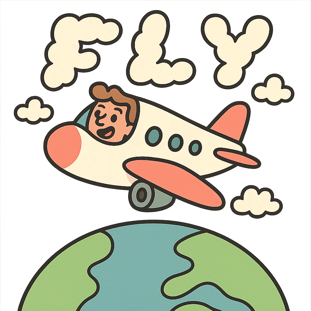 airplane high above earth with FLY text in clouds, pastel toon style emoji