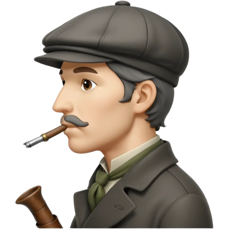 A side view of Sherlock Holmes wearing a deerstalker hat with a curved meerschaum pipe held to his lips emoji