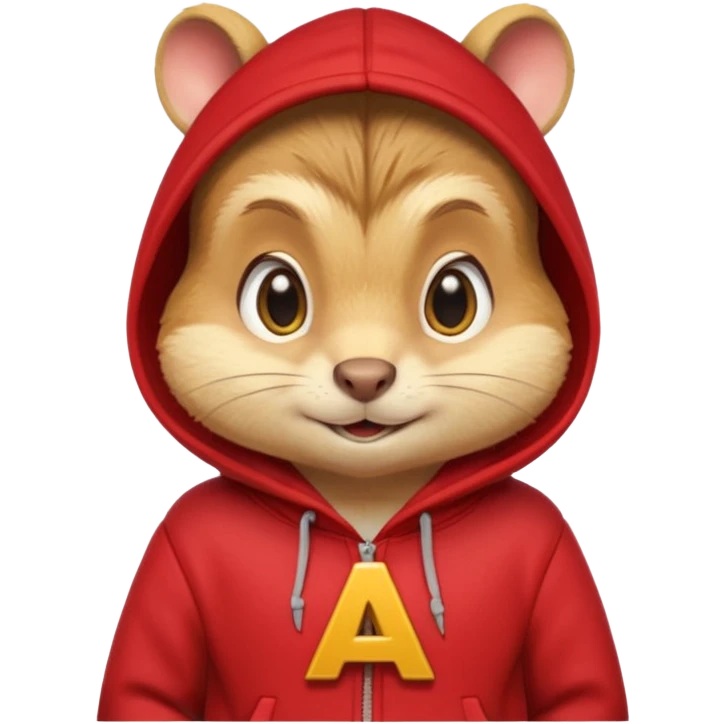 Portrait of a cartoon chipmunk with light brown and beige fur, wearing a red hoodie no zip with a yellow 'A' on it, big round eyes, small nose, and a mischievous grin, front-facing, stylized in animated movie style emoji