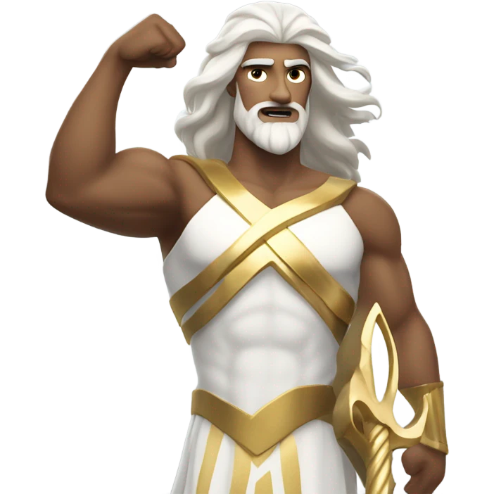 white Poseidon with gold Trident. long white hair white dress. show biceps muscle emoji