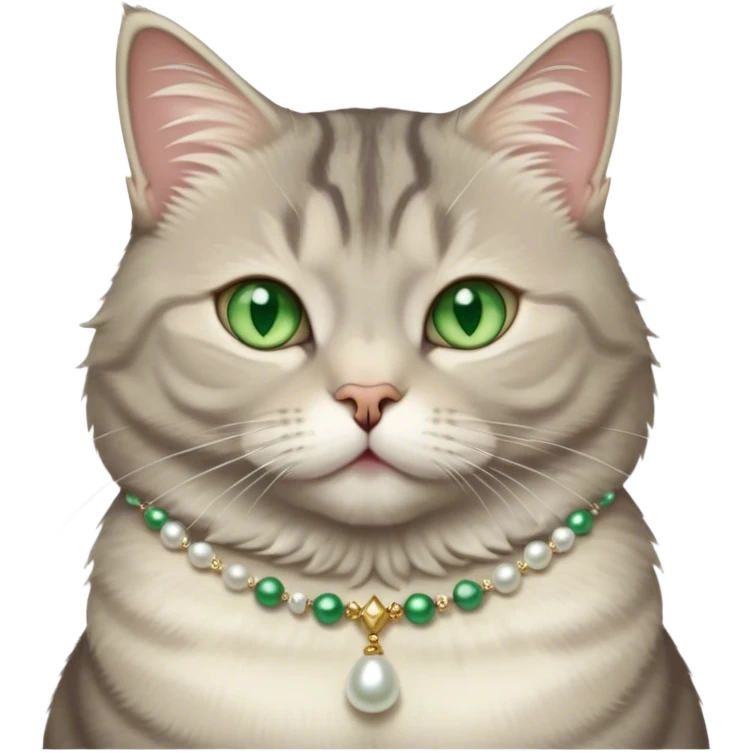 fluffy, slightly chubby, light grey tabby cat with green eyes, white tummy, and a pearl necklace  emoji