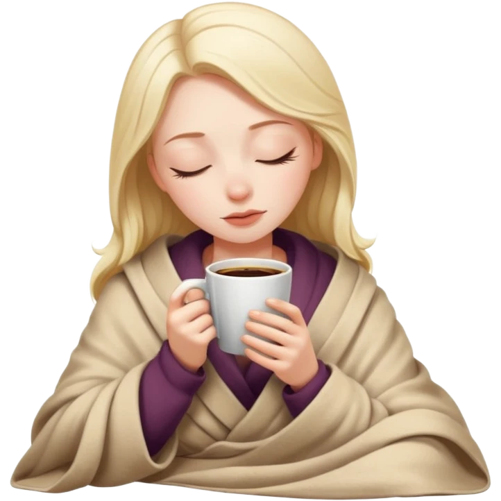 White Girl inside a blanket sipping coffee eyes closed emoji