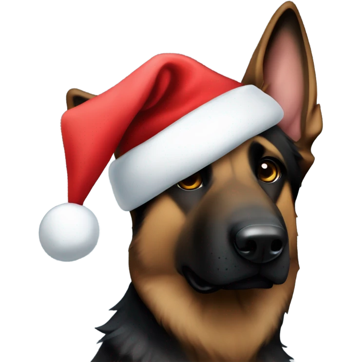Dark brown German shepherd with Santa hat emoji