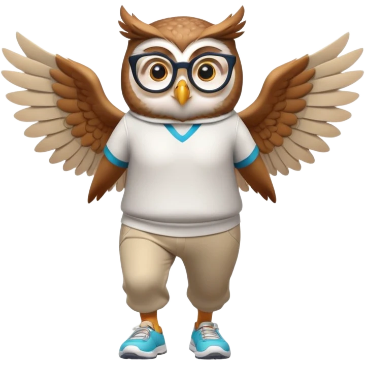 friendly anthropomorphised owl with wings instead of arms, in pants and a shirt, wearing glasses, jogging upright, standard pose emoji
