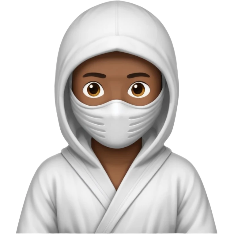 All white ninja robe with no black with white ski mask to cover face and neck with a hoodie on and dark brown skin color emoji