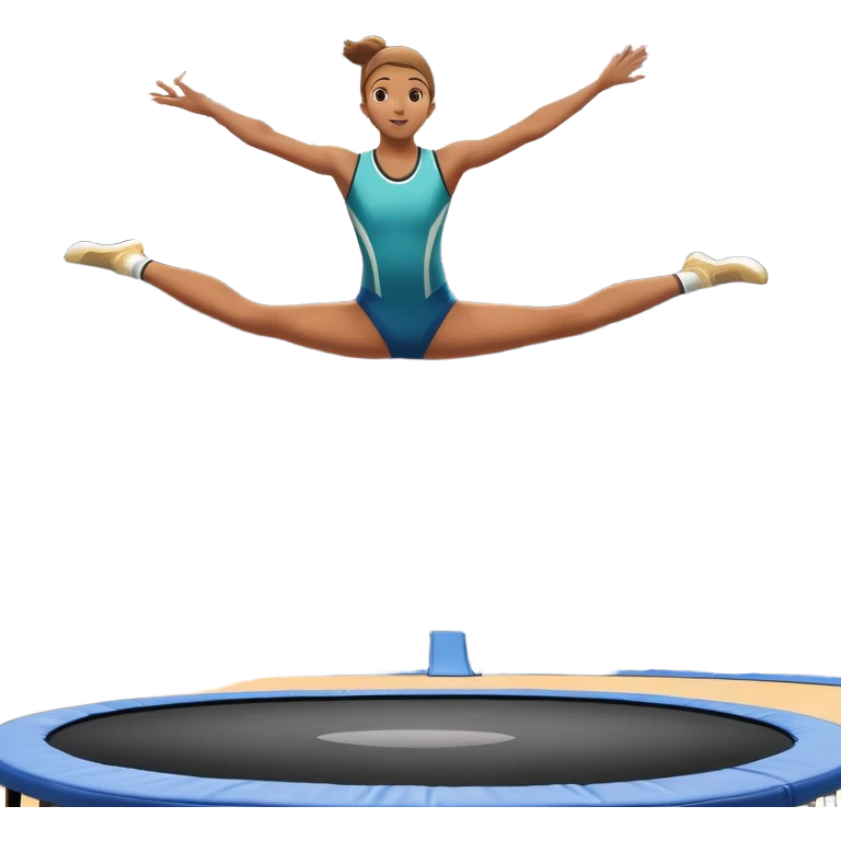 An athletic person soaring high above a trampoline, executing an acrobatic flip with perfect form. The scene captures motion and energy, with a dynamic pose, stretched limbs, and a focused expression. The background suggests a professional trampoline arena with safety padding. emoji