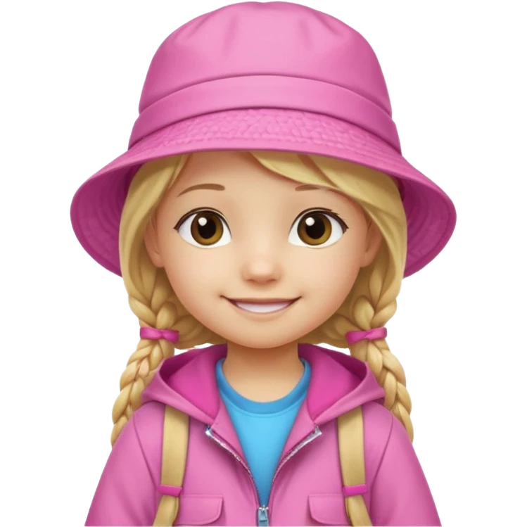 Little girl kid student, long braid blonde, wears pink bucket hat and jacket, backpack, happy emoji