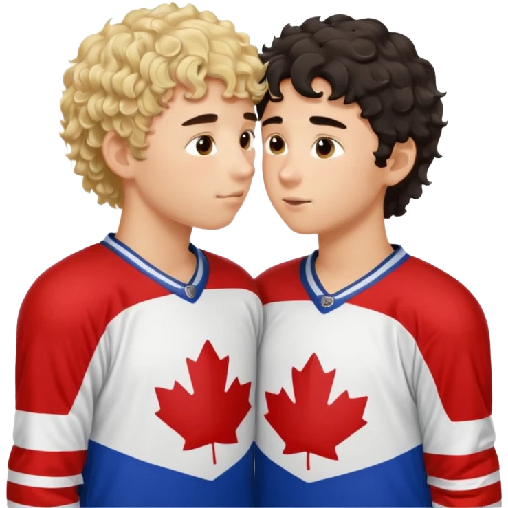 Dark hair boy hockey player kissing curly hair blonde hockey player boy emoji