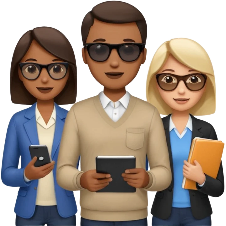 Команда в костюмах из трёх человек. на переднем палне Мужчина впереди общается по смартфону, дальше женщина слева стоит с ноубуком, мужчина справа держит бумаги. У всех людей разные, но позитивные эмоции. Все троя в солнцезащитных очках emoji