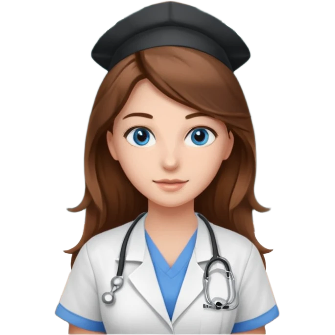 university classroom that says nursing school on the board with a pretty female nursing student with long brown hair, blue eyes emoji