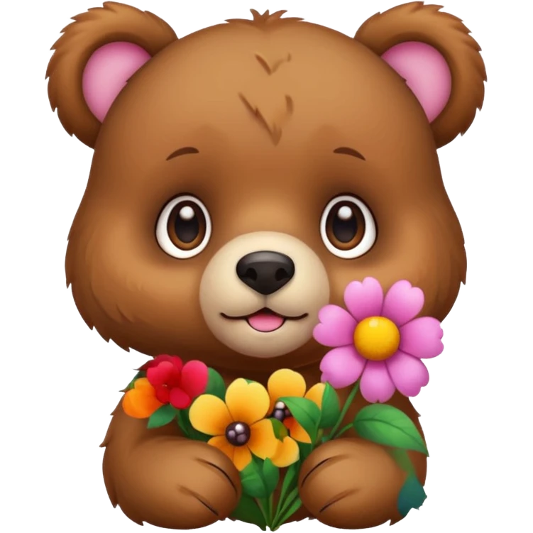 Cute bear with puppy dog eyes holding flowers emoji