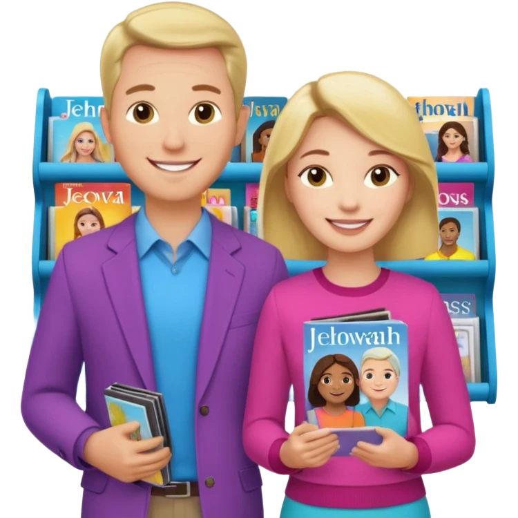 Duas Testemunha de jeová pregando com um display de revistas emoji
