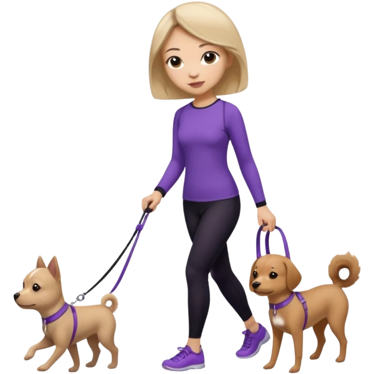 Chinese woman wearing purple top and black leggings walking 1 small brown dog emoji
