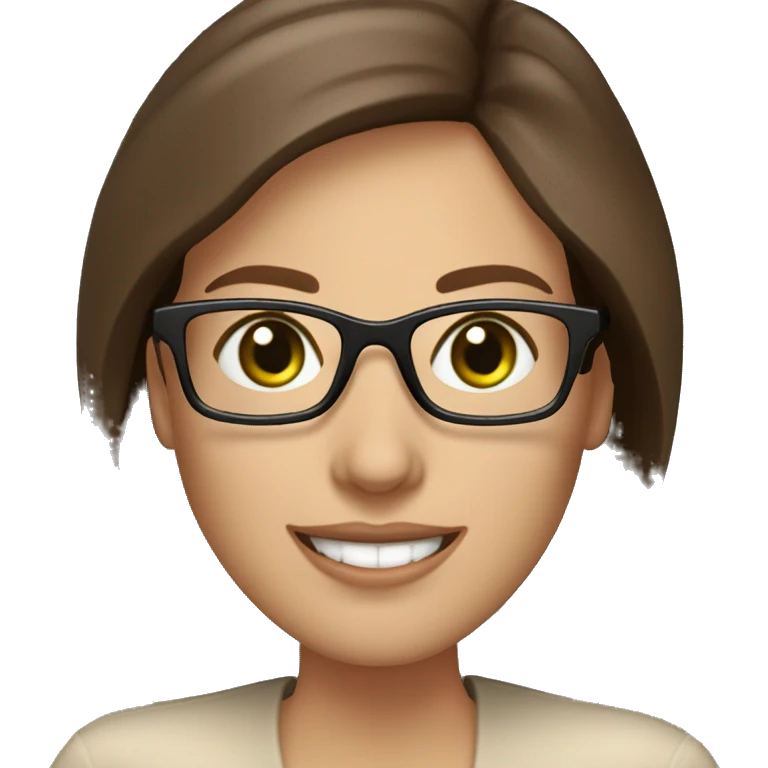 a teacher with English dictionary in hand in glasses, beige blouse, easel green eyes, brown chocolate hair and Hollywood smile emoji