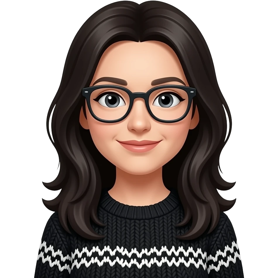 Black hair woman with black and white sweater sweater and glasses emoji