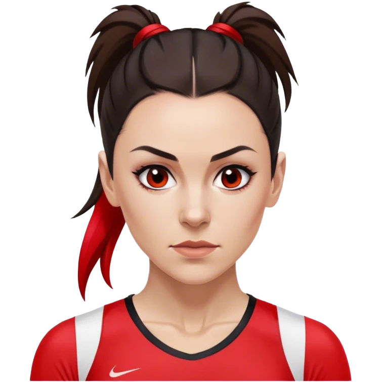 Melanie chisholm with a dark brown high ponytail with a red streak through it, wearing athletic attire emoji