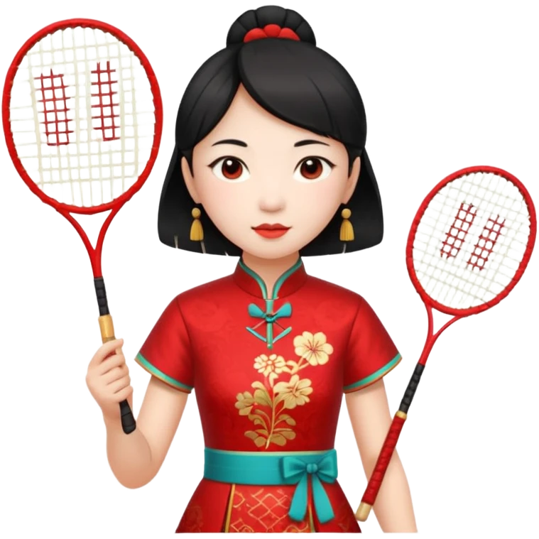 ancient geongsam girl with 1 badminton racket, red emoji
