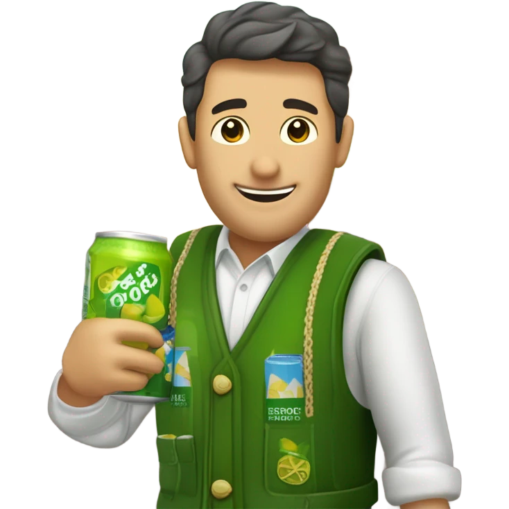un vendedor con un palo de ciego, un chaleco verde, y tiras de cupones en el chaleco, bebiendose una cerveza emoji
