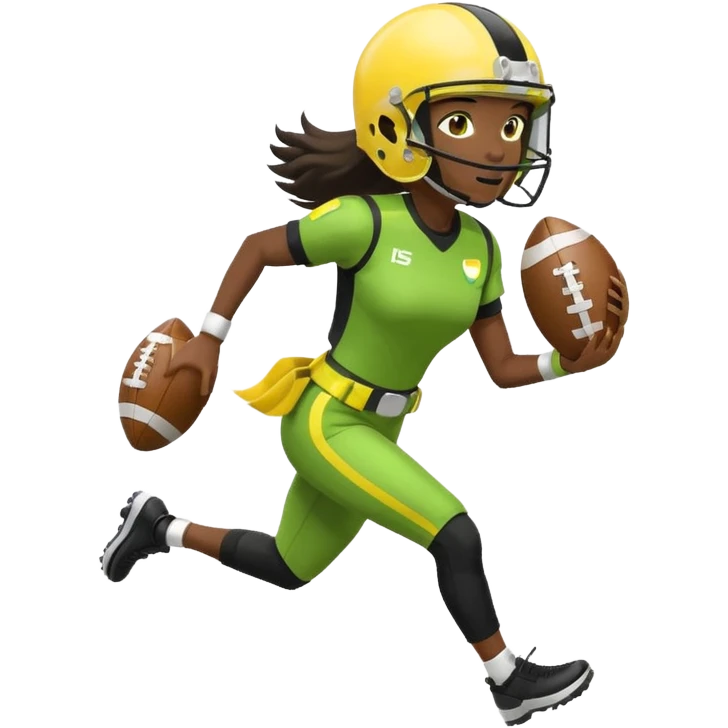 woman running with a football, wearing a helmet, black uniform with white accents, lemon lime flag belt, no country flags emoji