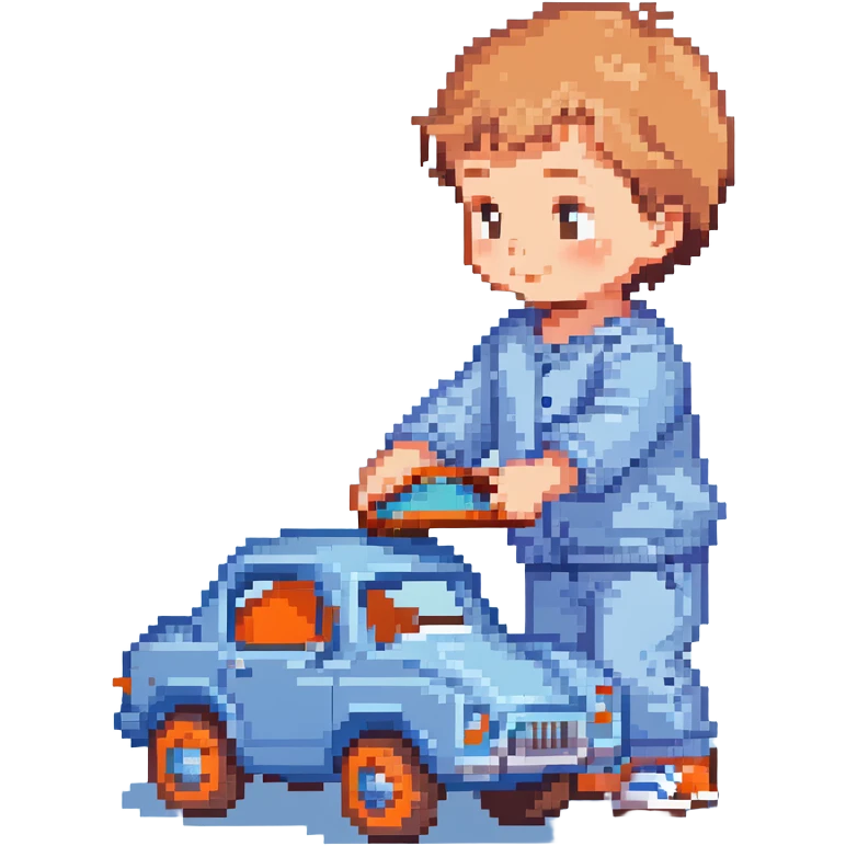 cute toddler boy with pastel blue clothes playing with a blue toy car emoji