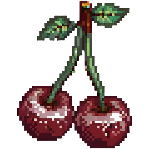 Pixel art of two dark maroon cherries with green stem, deep red color emoji