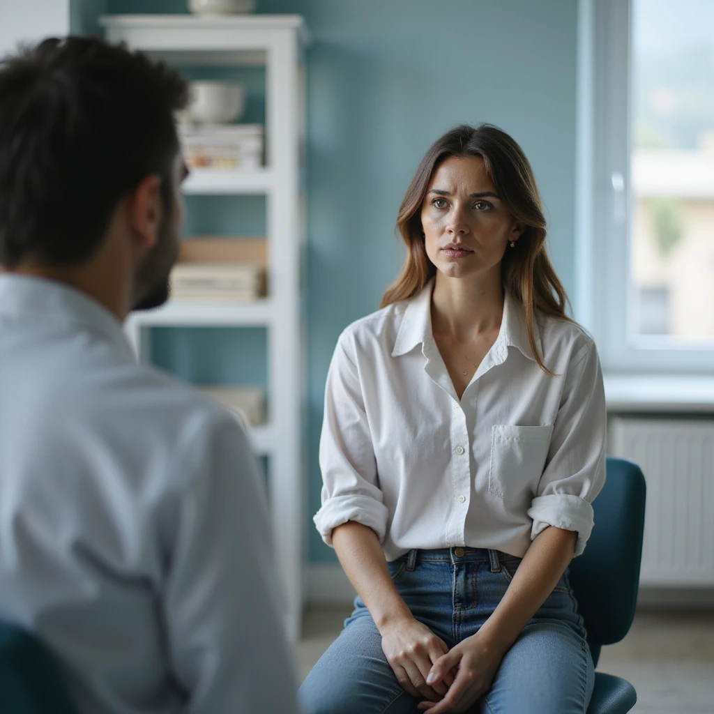A woman in casual clothing sitting in front of a doctor in a modern clinical office, serious and determined expression, asking for a prescription for dry thyroid of pig. The doctor listens attentively, hyperrealistic details, 4K resolution. emoji