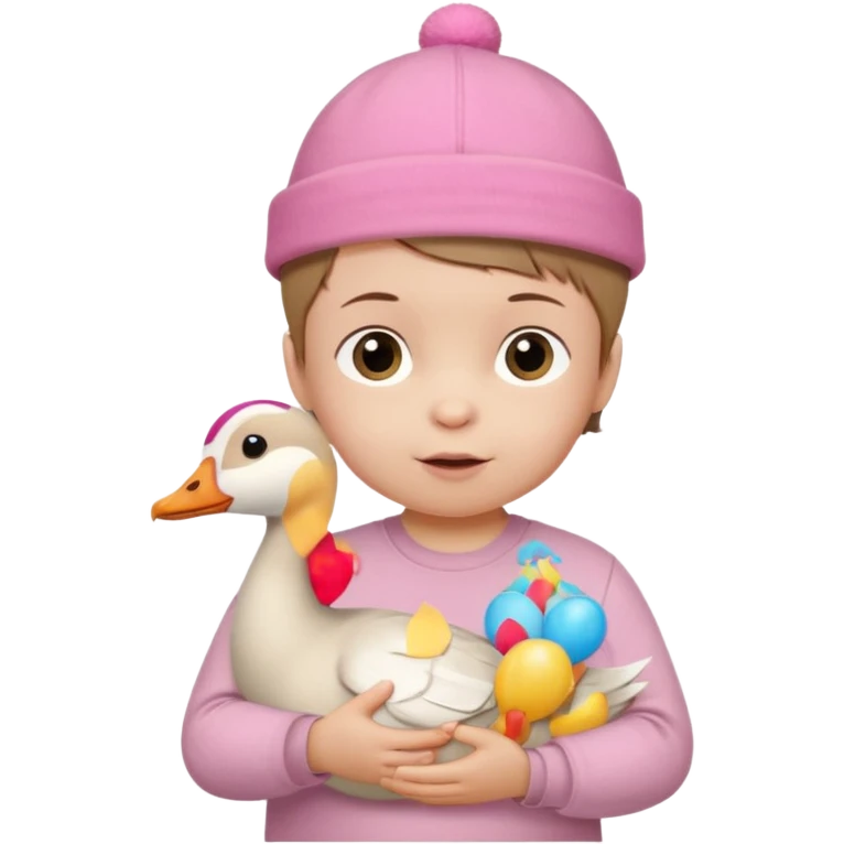 White-skinned baby, brown short hair, in a pink cap on his head, in a beige shirt, birthday, holding a goose toy in his hands emoji
