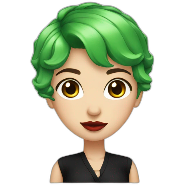 green hair, short hair, black outfit, white girl, red lips, looking directly camera emoji
