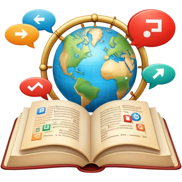 An icon featuring an open book with speech bubbles showing different alphabets—Latin, Cyrillic, Kanji. A globe and translation arrows symbolize global communication and language learning. Transparent background highlights cultural exchange and linguistic diversity. emoji