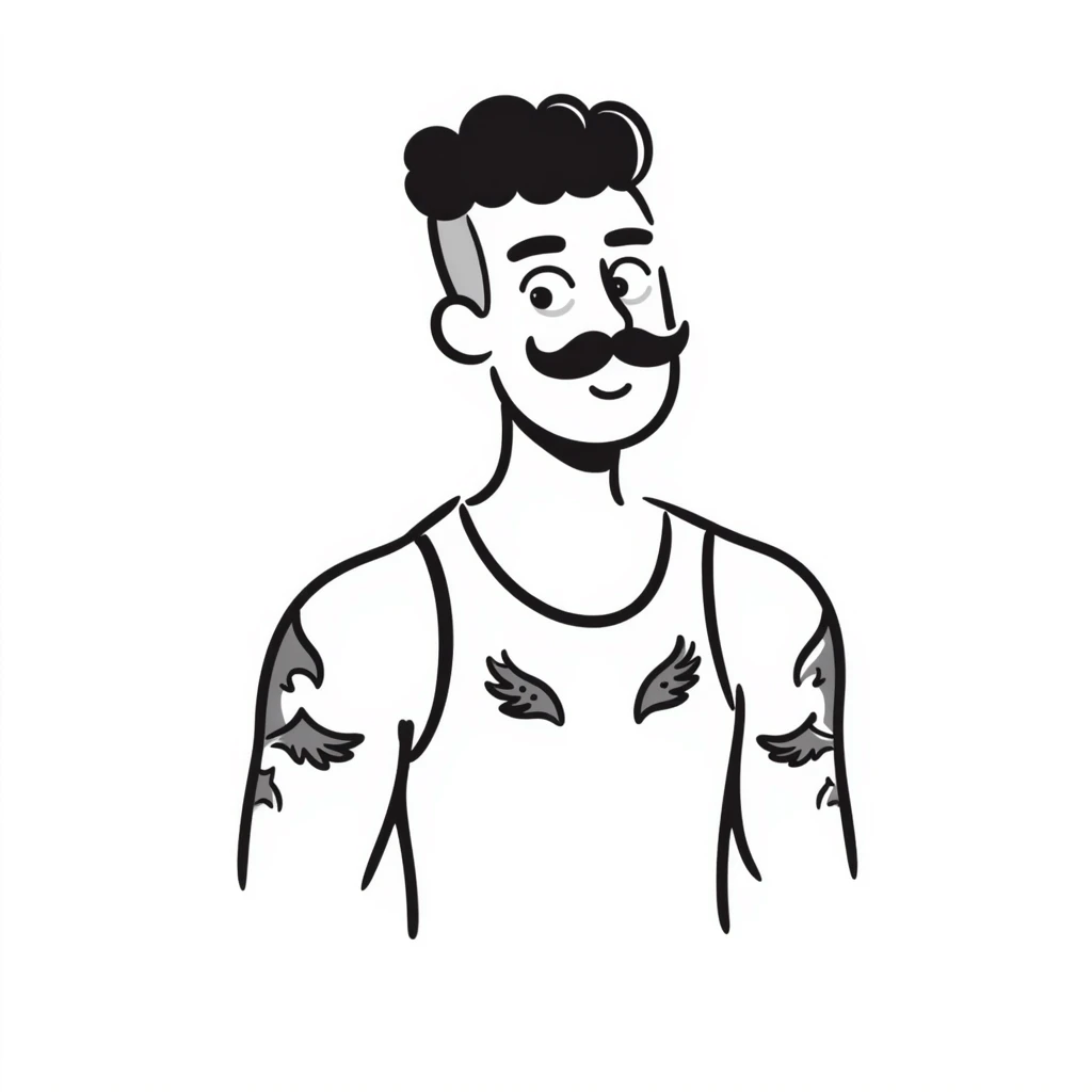 pumped up white male, buzz cut black hair, handlebar mustache black, two wings tattooed on his chest emoji