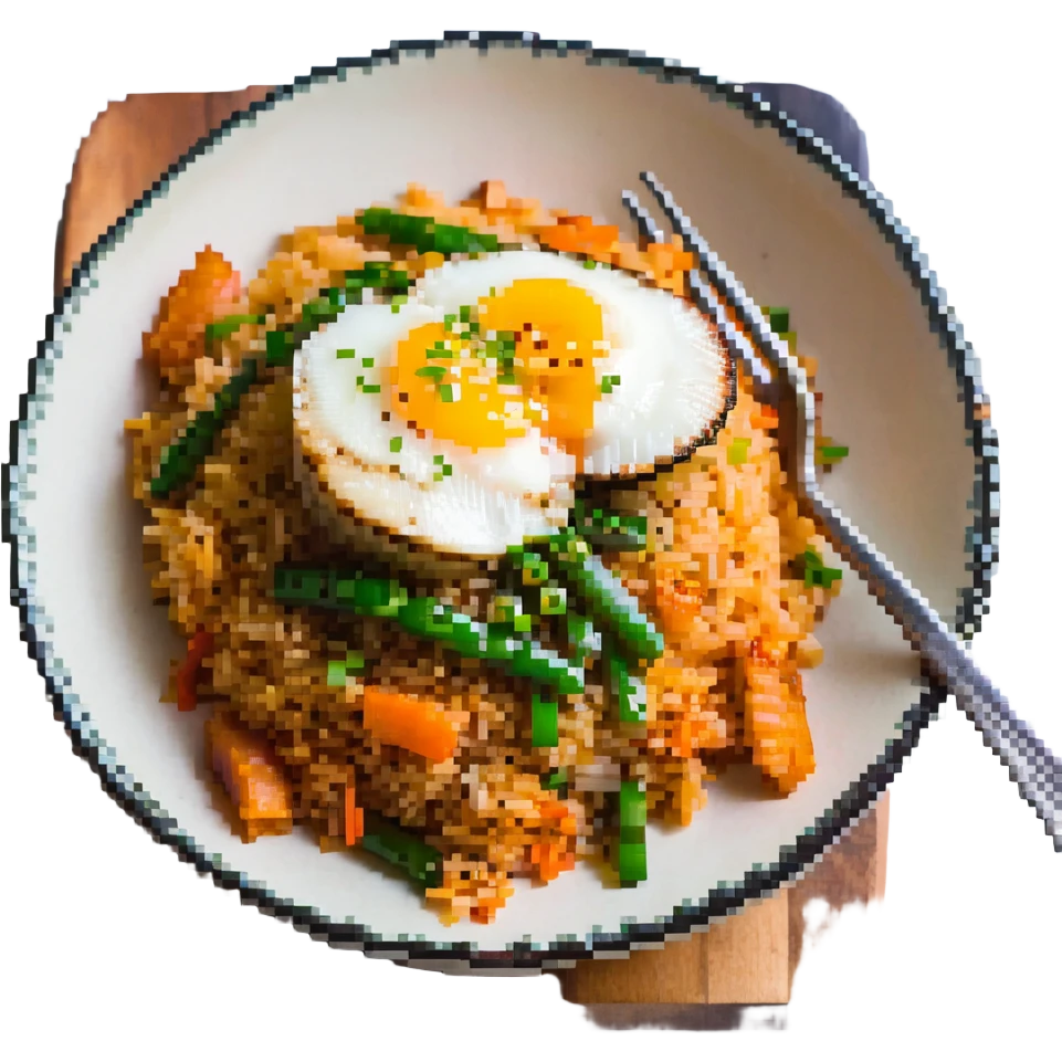 simple and colorful pixel art of kimchi fried rice emoji