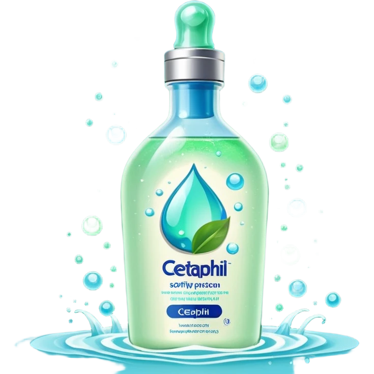 Cetaphil white bottle with light green flip cap and blue-green label, glowing softly. Surrounded by tiny light orbs and silky sparkles flowing like hydration waves. Feels like a gentle skin shield potion in a glossy, minimalist flask. emoji
