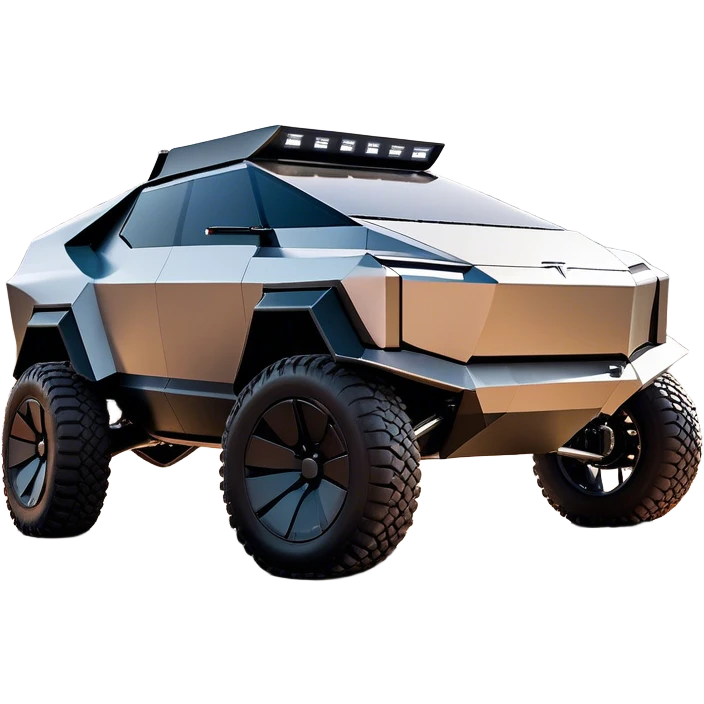 Tesla Cybertruck - A futuristic Tesla Cybertruck, angular and geometric with a sharp, triangular body shape. Stainless steel exoskeleton with a raw, unpainted, brushed-metal finish. A sleek, narrow LED light bar stretches across the entire front. Large, rugged off-road tires with exposed wheel arches. Smooth, handle-free doors and a slanted, armored rear with a retractable tonneau cover. Rear LED strip mirroring the front. The vehicle looks like a sci-fi-inspired, bulletproof stealth tank on wheels, set in a high-tech urban environment at sunset, with reflections on its metallic surface. emoji